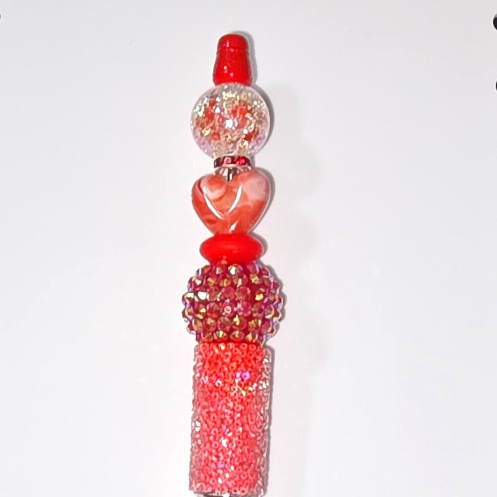 Red White Heart Beaded Ballpoint Ink Pen Sparkly